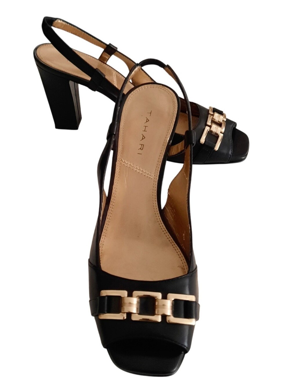 TAHARI Becka Black Leather Slingback Block Heel Sandals w/Gold Chain Detail 8M